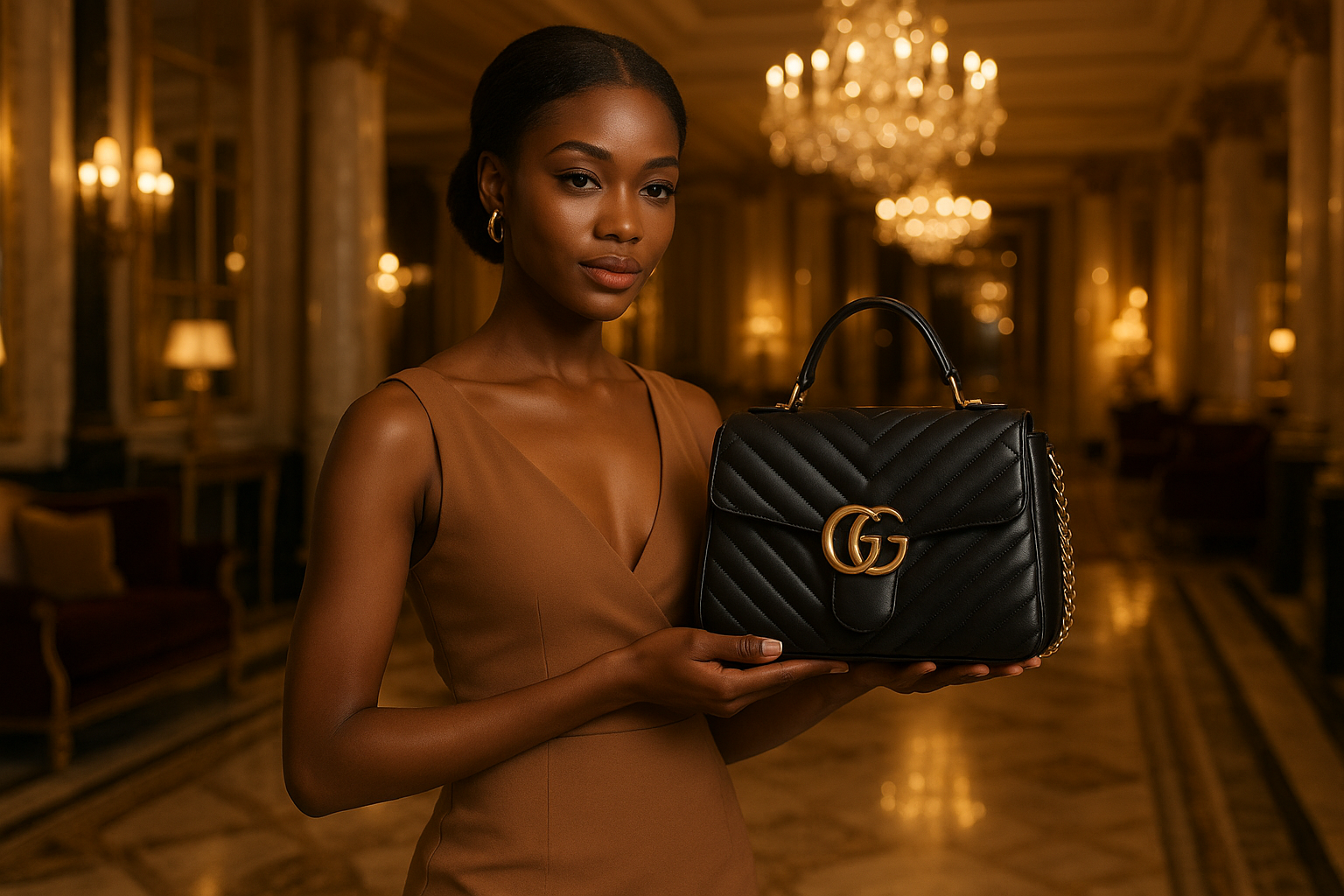 African woman 25 year year showing luxury bag in a luxuru hotel