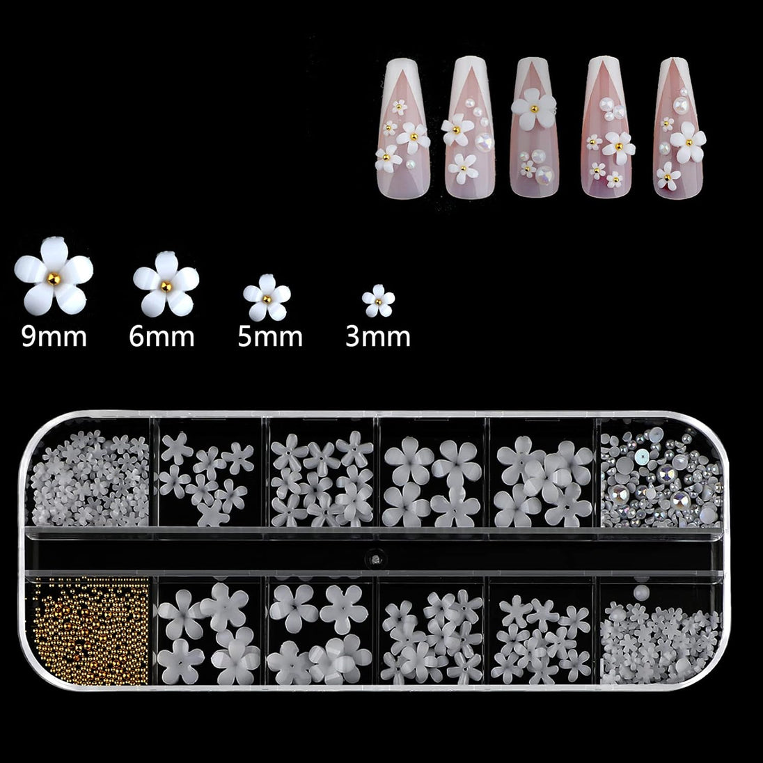 250Pcs 12 Styles 3D Acrylic White Flowers for Nails, 3D White Flower Nail Art Charms Nail Charms Flat Nails Accessories for DIY Nail Art Designs Jewelry Making with Golden Small Balls