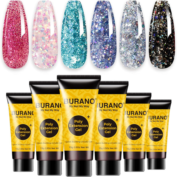 Poly Extension Gel Nail Kit, 6 Colors Nails Builder Gel Set for Beginner Professional Using (Glitter, 15G)