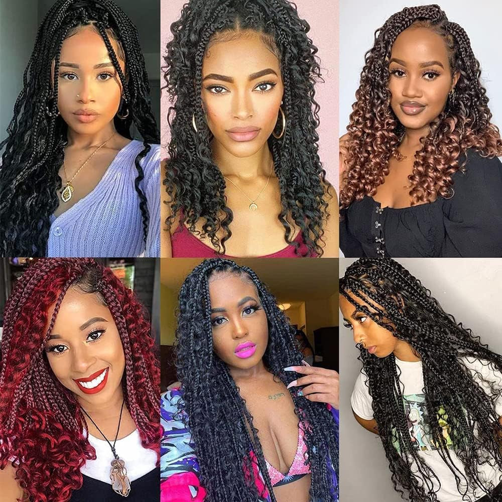 14 Inch Boho Box Braids Crochet Hair 8 Packs Bohomian Crochet Box Braids Curly Ends Pre-Looped Messy Goddess Box Braids Hair Extension for Women 1B#