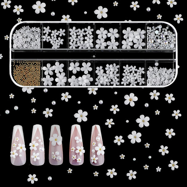 250Pcs 12 Styles 3D Acrylic White Flowers for Nails, 3D White Flower Nail Art Charms Nail Charms Flat Nails Accessories for DIY Nail Art Designs Jewelry Making with Golden Small Balls