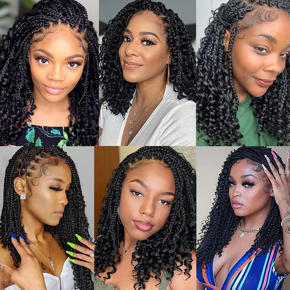 14 Inch Boho Box Braids Crochet Hair 8 Packs Bohomian Crochet Box Braids Curly Ends Pre-Looped Messy Goddess Box Braids Hair Extension for Women 1B#