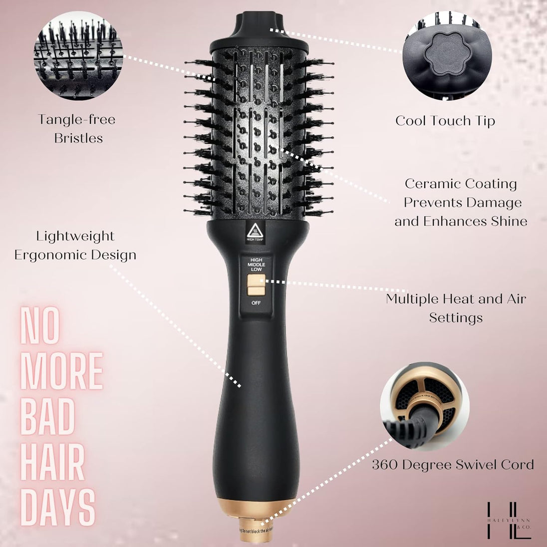 . Hot Air Blowout Brush All-In-One Hair Dryer Blower Volumizer Straightener Curler Professional Salon Negative Ion Technology Ceramic Coating Hot Air Brush for Fine to Thick Hair Brosse Sechoir Cheveux Rose Gold Cleaning Tool