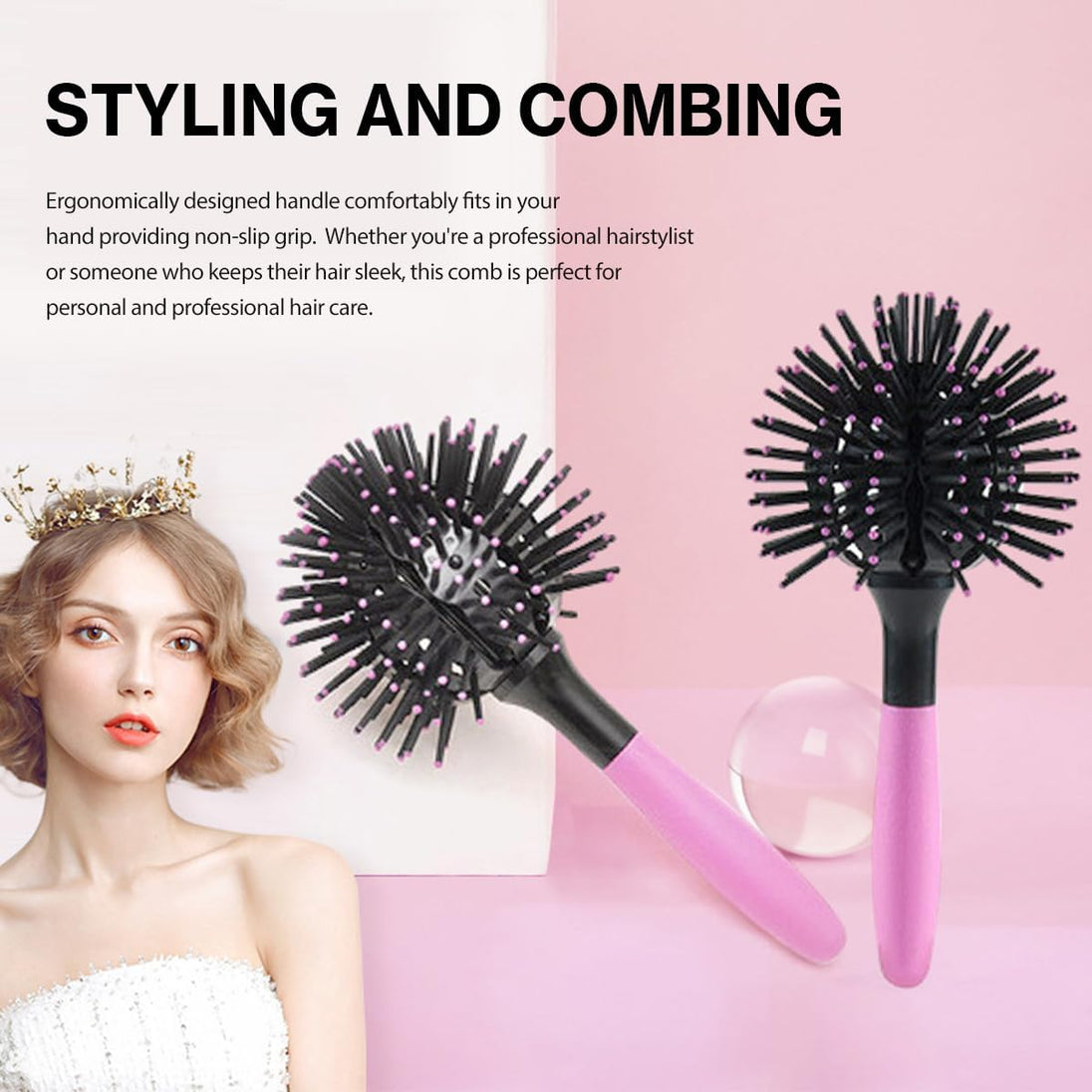 3D round Curl Hair Brushes,360° Spherical Shape Styling Hair Brush for Women Detangling Hairbrush Spherical Ball Brush Salon round Hair Curling Curler for Curly/Long/Wet/Dry Hair