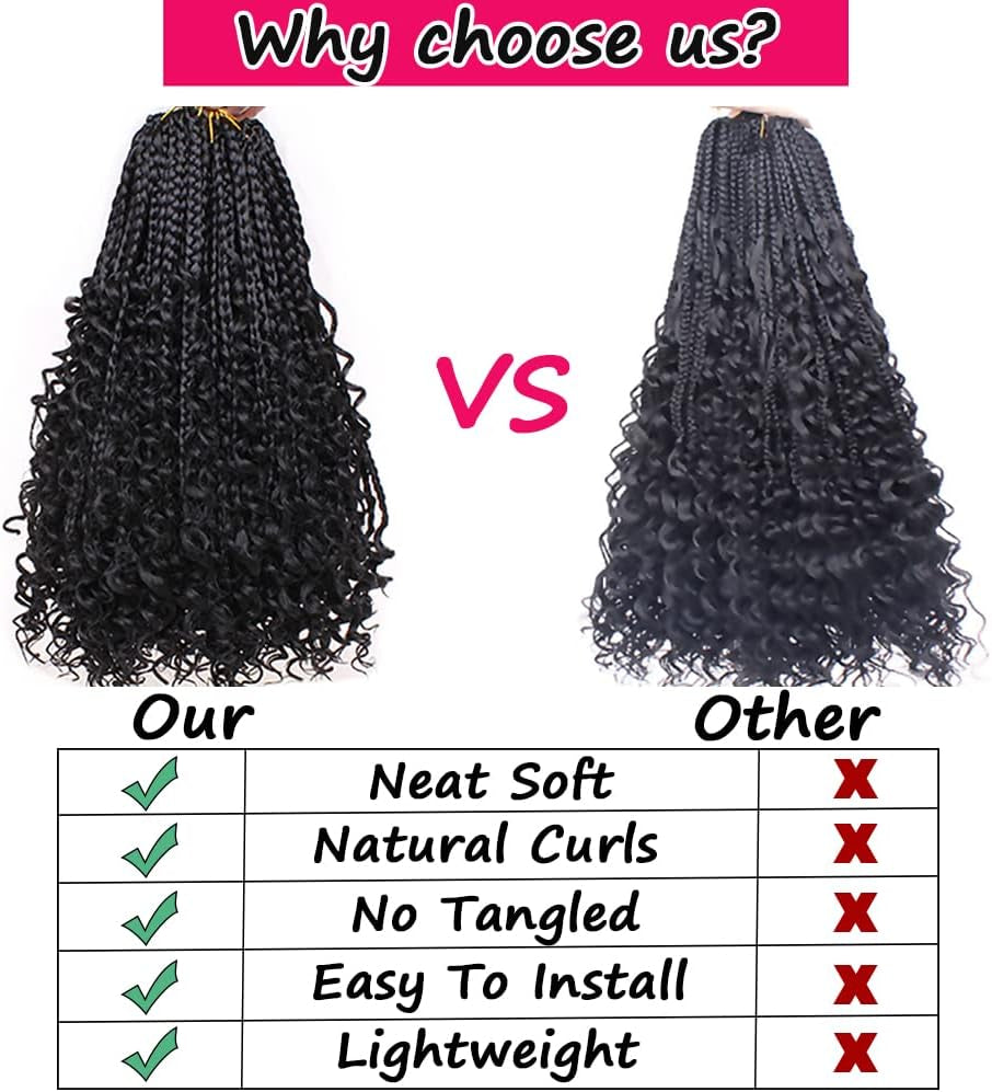 14 Inch Boho Box Braids Crochet Hair 8 Packs Bohomian Crochet Box Braids Curly Ends Pre-Looped Messy Goddess Box Braids Hair Extension for Women 1B#