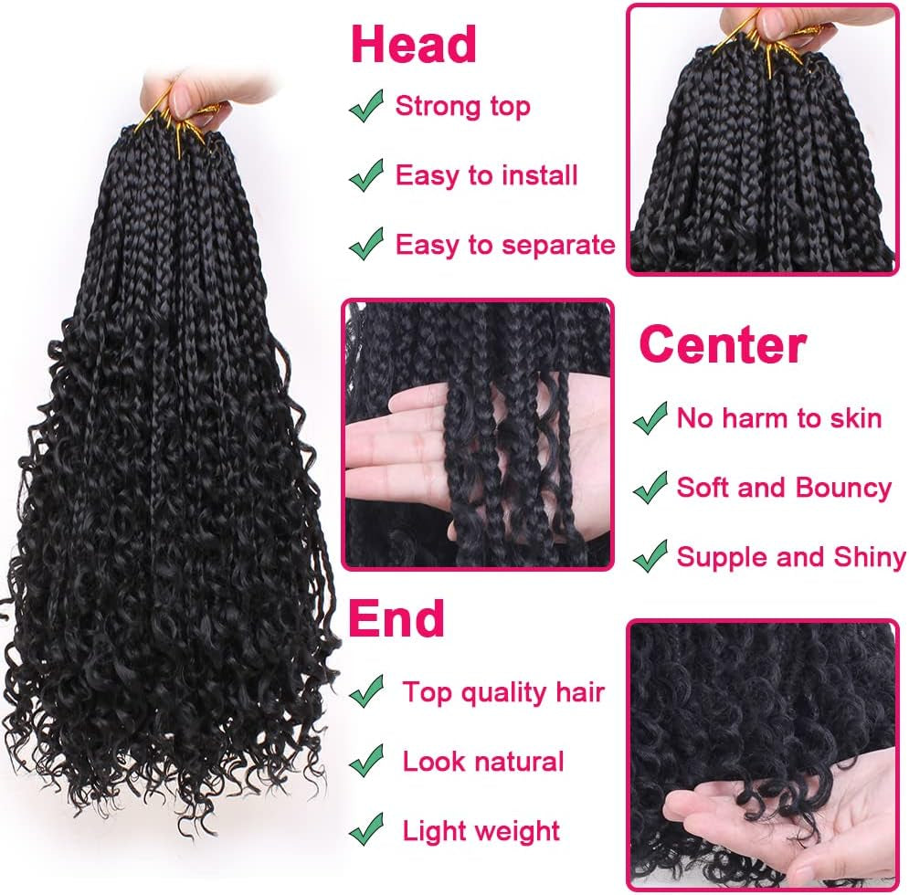 14 Inch Boho Box Braids Crochet Hair 8 Packs Bohomian Crochet Box Braids Curly Ends Pre-Looped Messy Goddess Box Braids Hair Extension for Women 1B#
