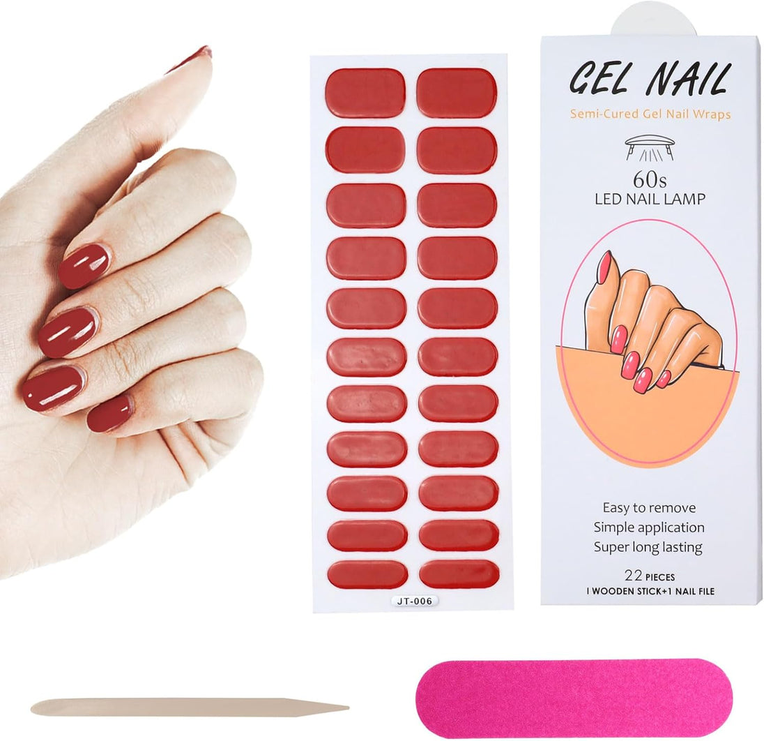 22 PCS Semi Cured Gel Nail Strips Kit, Waterproof Gel Nail Stickers UV Light Required, DIY Short Nail Polish Strips, Self Adhesive Gel Nail Wraps with Nail File & Stick (Red)