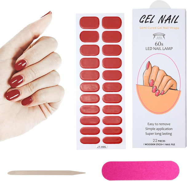 22 PCS Semi Cured Gel Nail Strips Kit, Waterproof Gel Nail Stickers UV Light Required, DIY Short Nail Polish Strips, Self Adhesive Gel Nail Wraps with Nail File & Stick (Red)