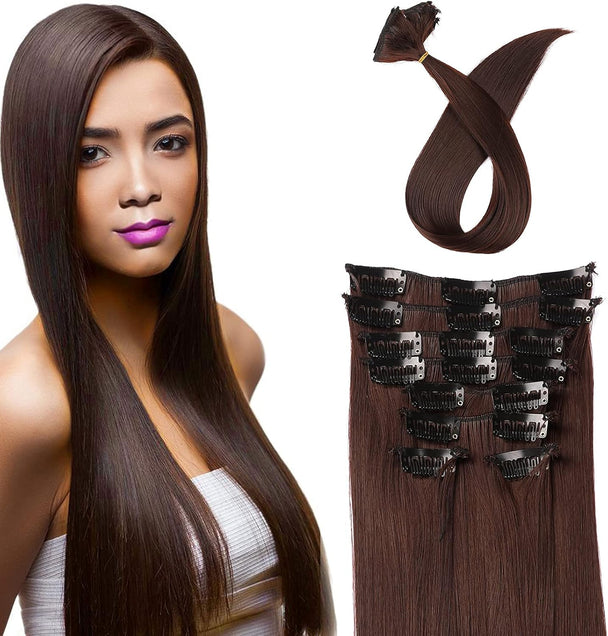 Clips in Human Blend Hair Extension Hair Piece Pad, Natural Straight 8 Pieces,Hand Made Double Drawn Women Hair Extension (22 Inch, Coffee Brown)