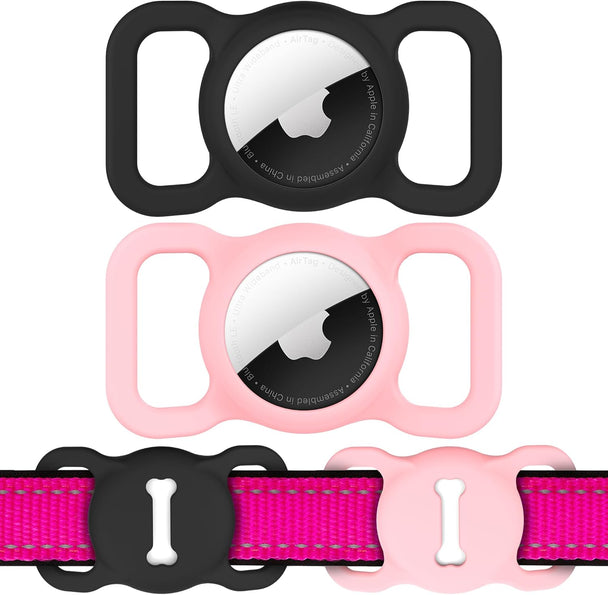 [2 Pack] for Airtag Dog Collar Holder,  Air Tag Protective Cat Airtag Dog Collar,Silicone Airtags GPS Tracking Accessories,Air Tags with Bone Pattern(Black/Pink)