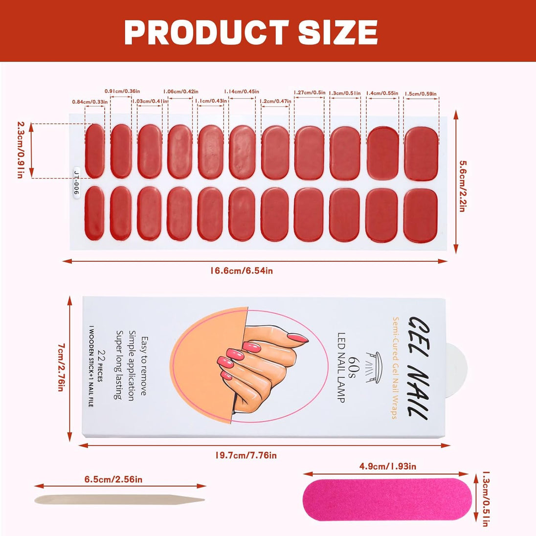 22 PCS Semi Cured Gel Nail Strips Kit, Waterproof Gel Nail Stickers UV Light Required, DIY Short Nail Polish Strips, Self Adhesive Gel Nail Wraps with Nail File & Stick (Red)