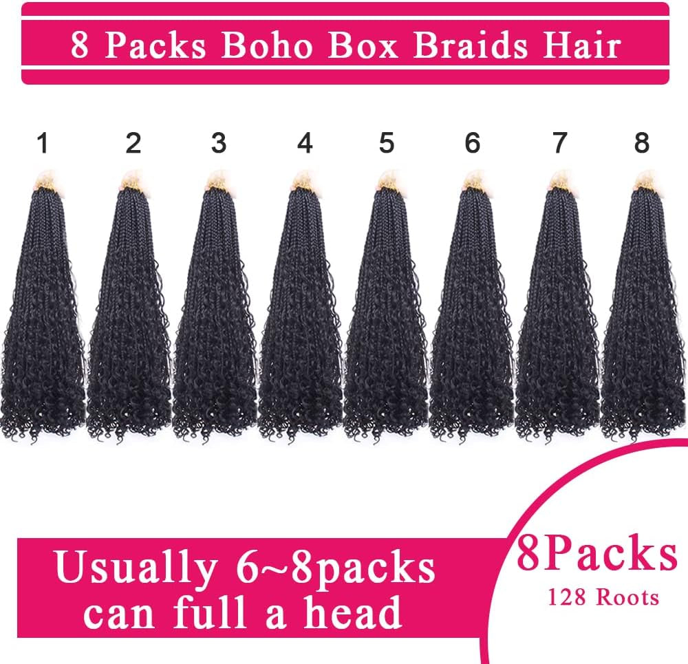 14 Inch Boho Box Braids Crochet Hair 8 Packs Bohomian Crochet Box Braids Curly Ends Pre-Looped Messy Goddess Box Braids Hair Extension for Women 1B#