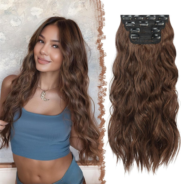 Clip in Hair Extensions 4 PCS Brown Thick Highlighted Hairpieces Long Wavy Clip in Hair Piece Full Head Synthetic Hair Extension for Women, 20 Inch