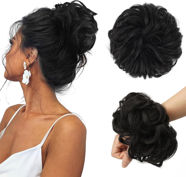 Messy Hair Bun Hair Pieces Natural Black Wavy Curly Large Hair Bun Scrunchies Extensions Synthetic Tousled Updo Hairpieces for Women Girls, 1.94Oz