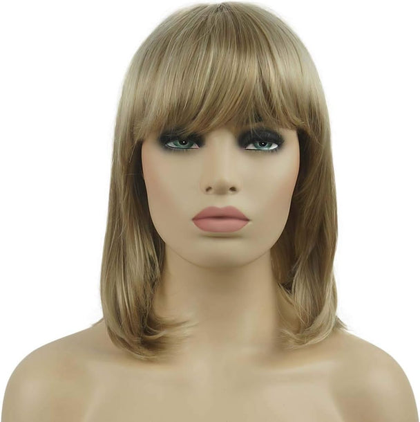Synthetic Medium Length Straight Wig with Neat Bang Cosplay Wigs for Women Blonde