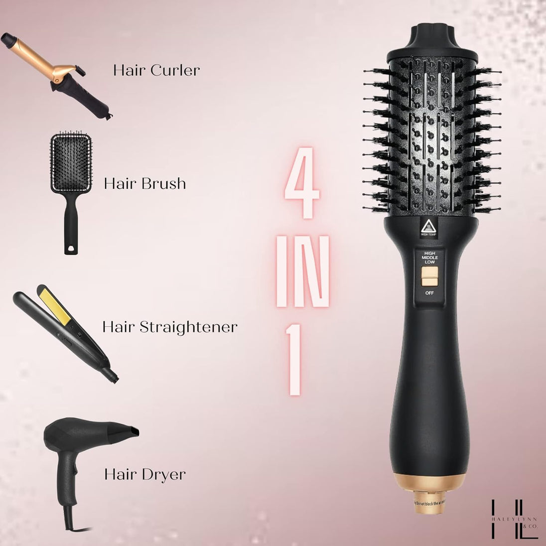 . Hot Air Blowout Brush All-In-One Hair Dryer Blower Volumizer Straightener Curler Professional Salon Negative Ion Technology Ceramic Coating Hot Air Brush for Fine to Thick Hair Brosse Sechoir Cheveux Rose Gold Cleaning Tool