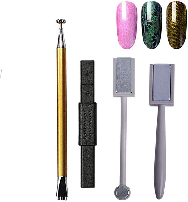 4Pcs Nail Magnet Tool Set,  Double Head Flower Design Nail Magnet Pen and Strong Magnet Stick Dotting Pens for DIY 3D Magnetic Cat Eye UV Gel Polish Nail Art